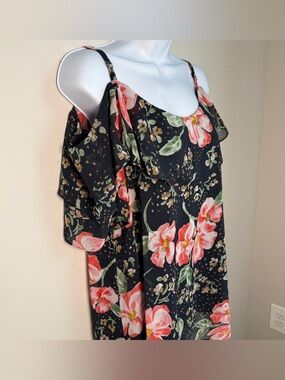 Cabi Floral Cold Shoulder Chiffon Top Black Coral Shabby Chic Floral Ruffle - L